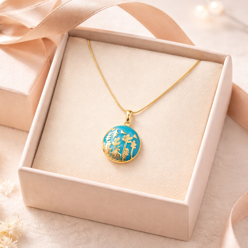 Gold necklace with a blue pendant in a pink box on a soft beige background