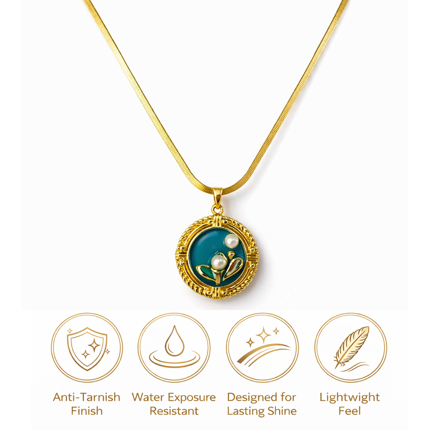 Gold necklace with a pendant on a white background, featuring icons and text about necklace features.