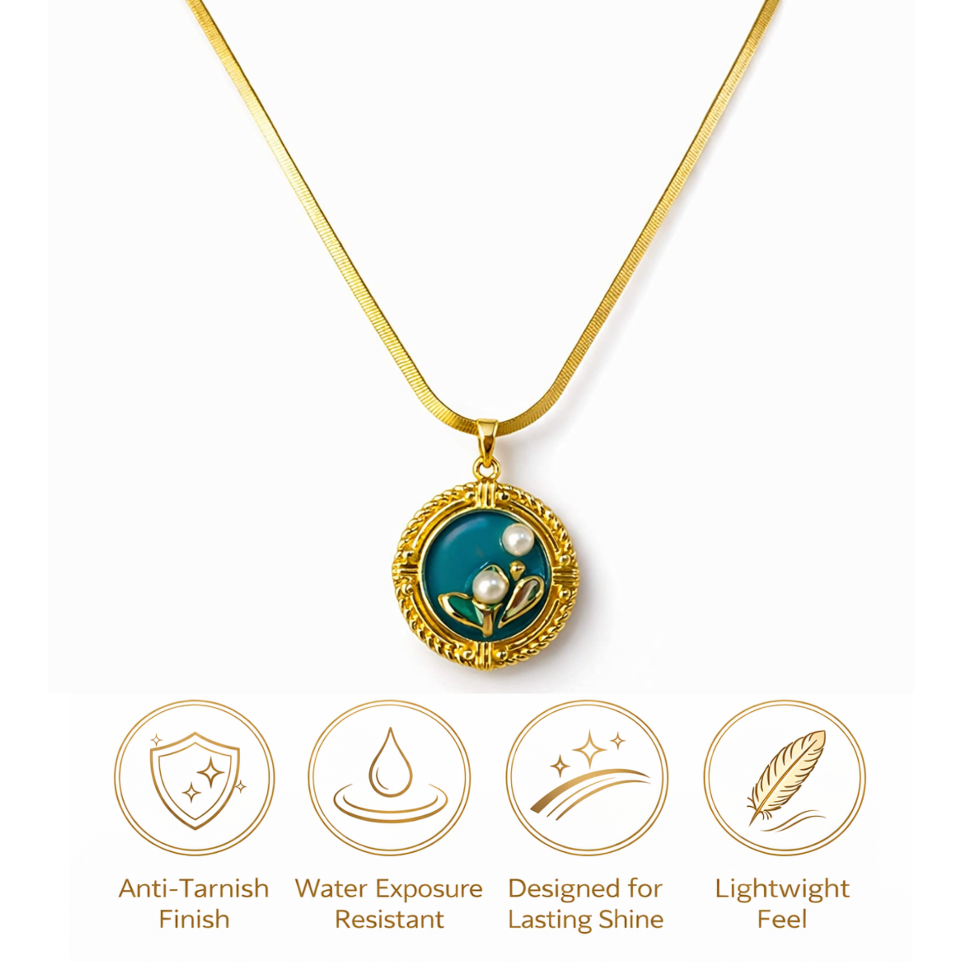 Gold necklace with a pendant on a white background, featuring icons and text about necklace features.