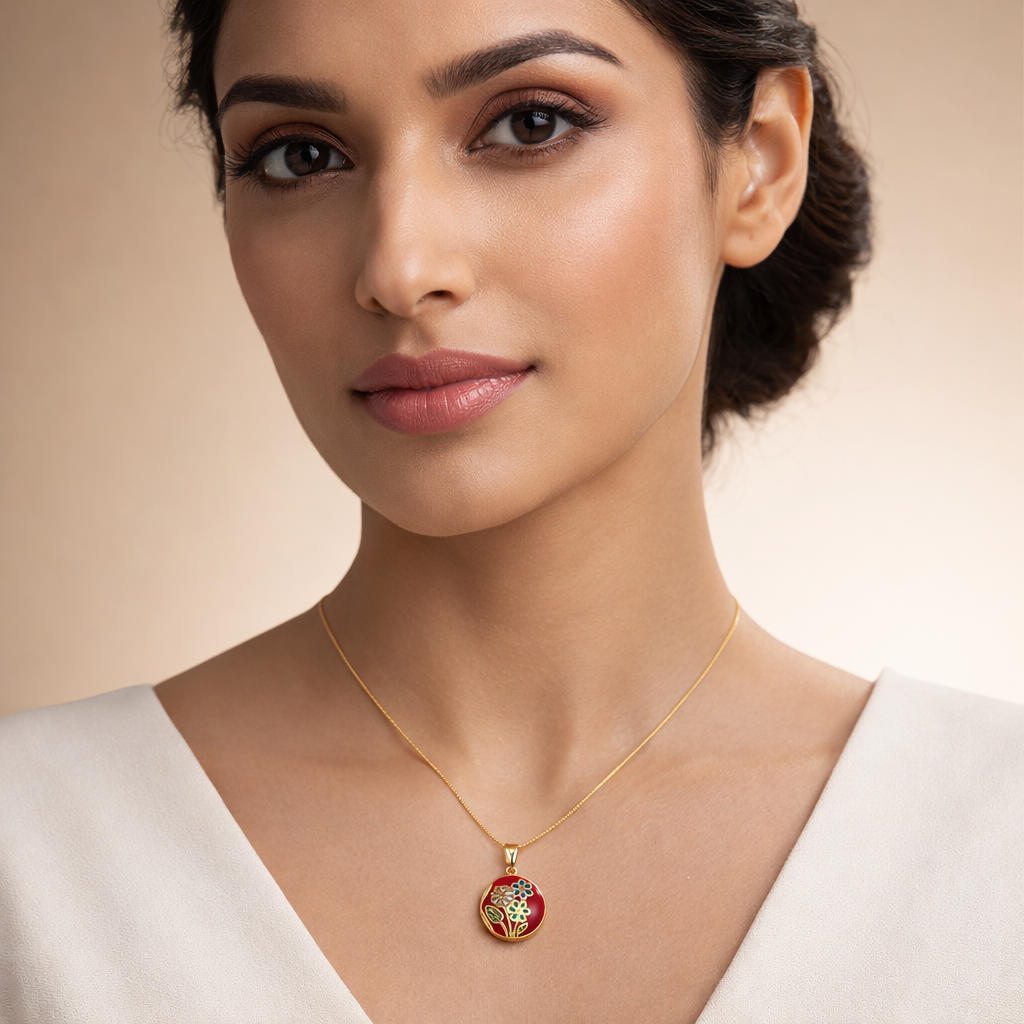 Woman wearing a gold necklace with a beige background