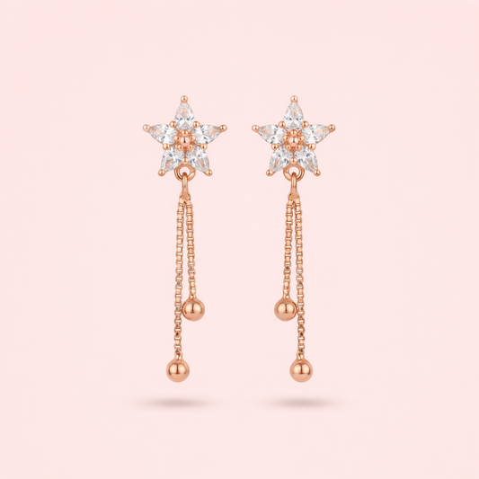 Gold plated rose gold star earrings for women shown as a single product on Soft Blush background
