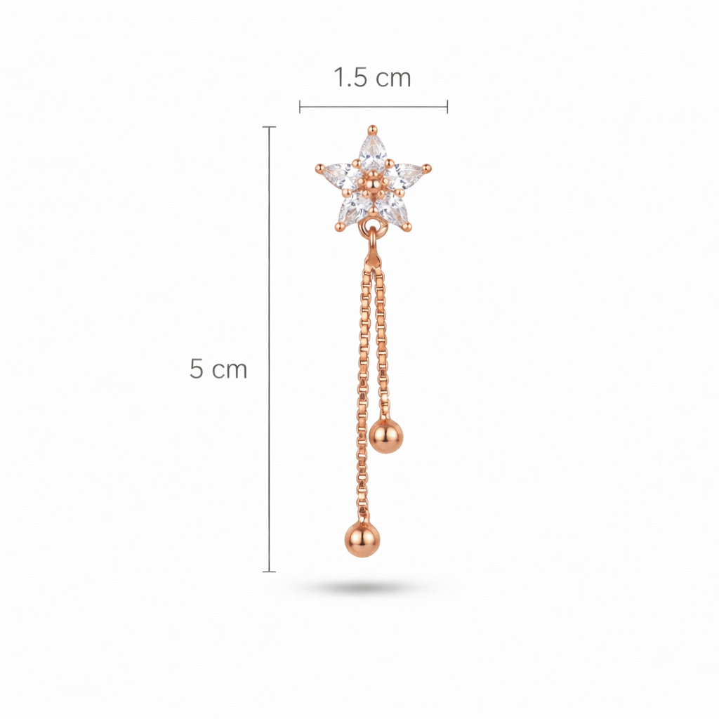 Rose gold star earrings displaying clear height and width measurements for accurate size understanding