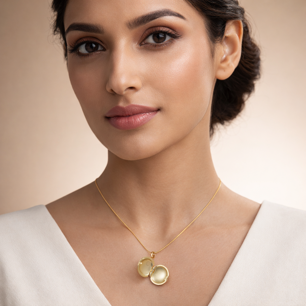 Woman wearing a gold necklace with a beige background
