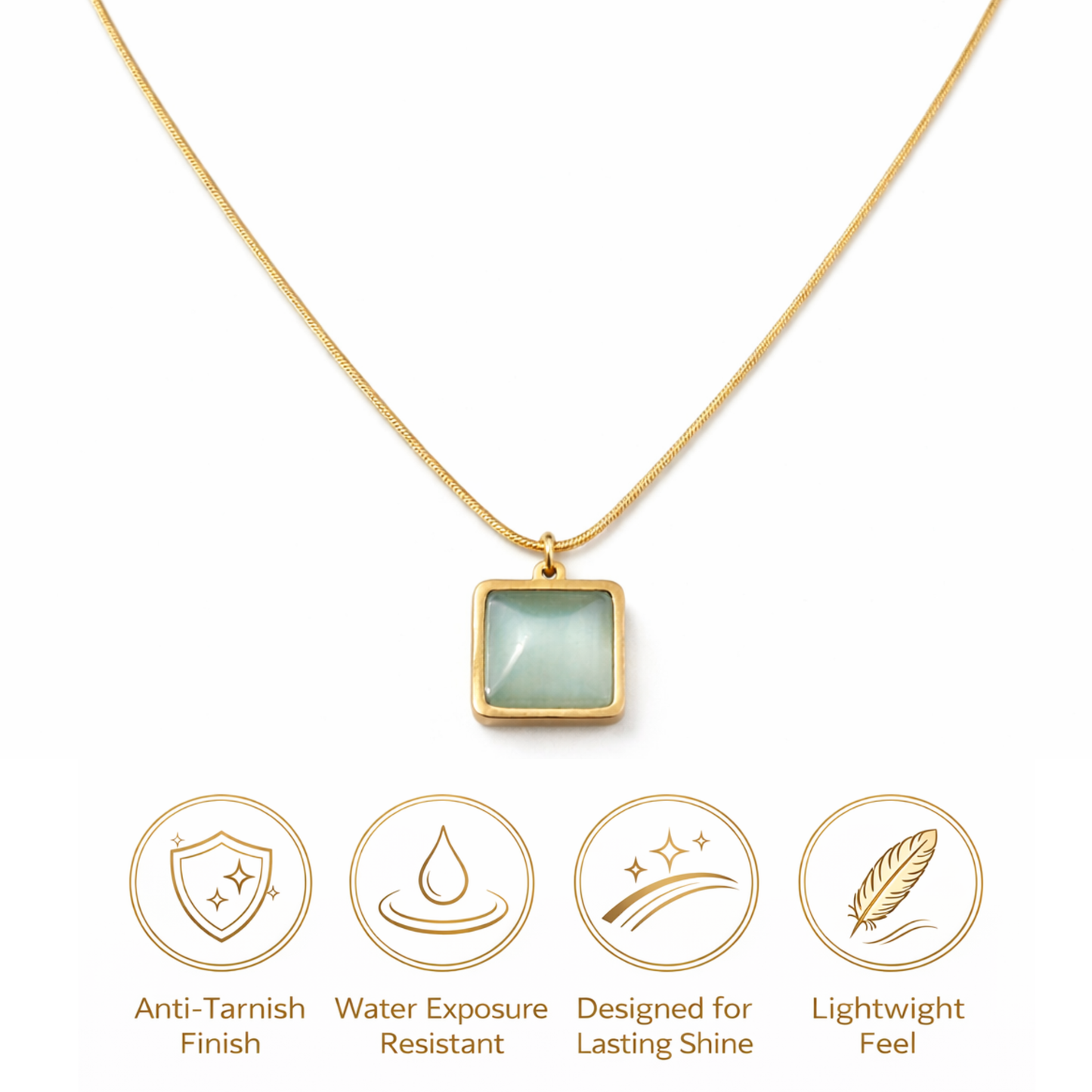 Gold necklace with a green pendant on a white background, featuring icons and text about necklace features.