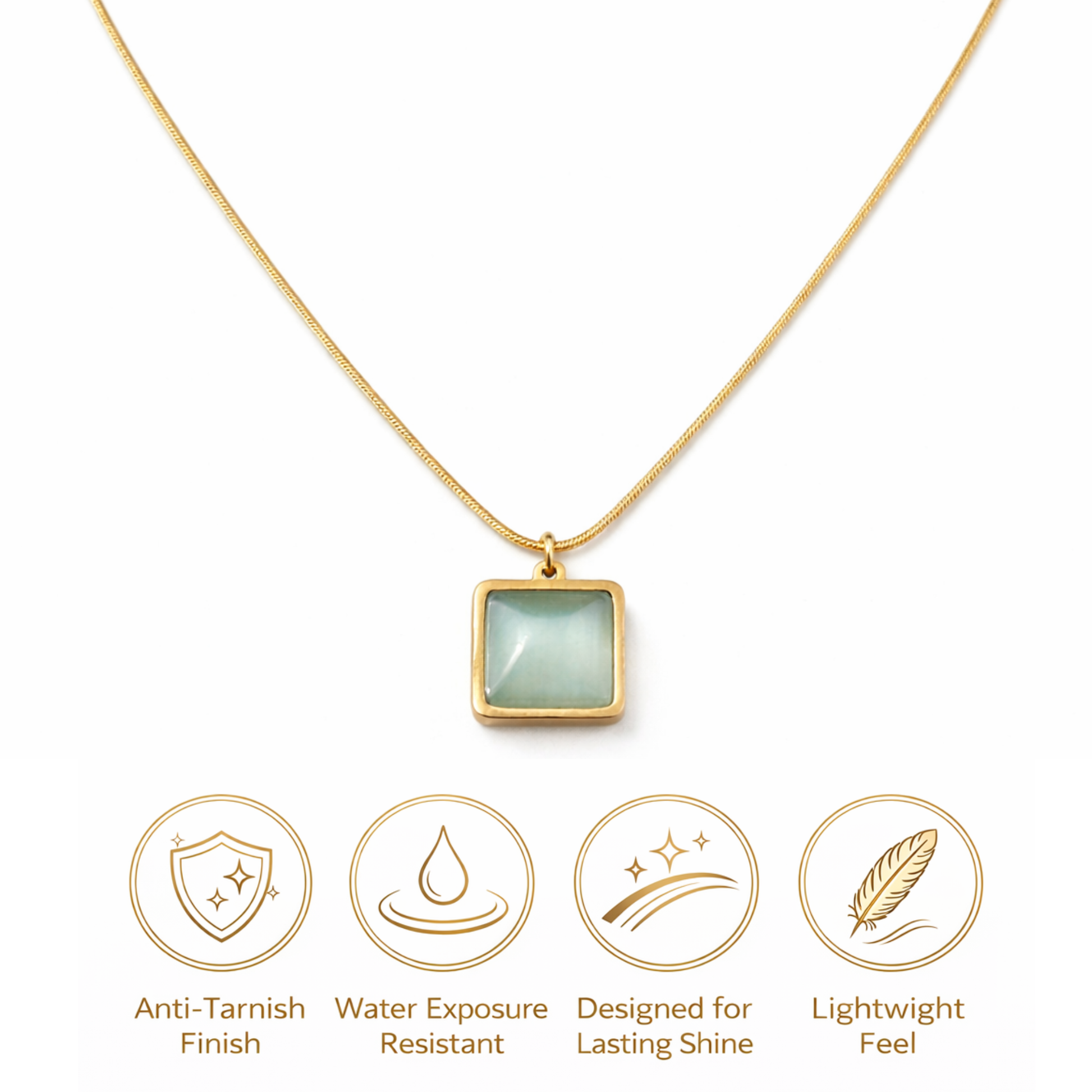 Gold necklace with a green pendant on a white background, featuring icons and text about necklace features.
