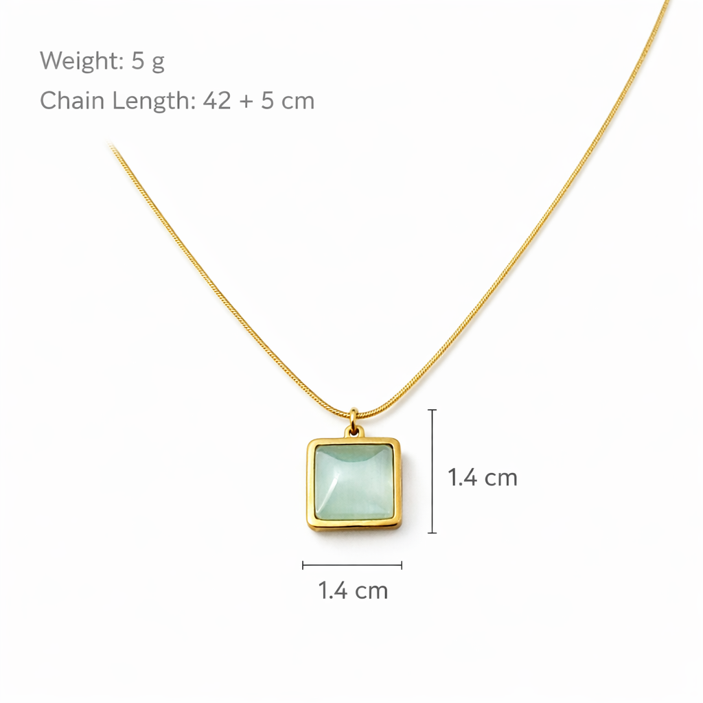 Gold necklace with a square pendant on a white background, showing weight, chain length, and dimensions.