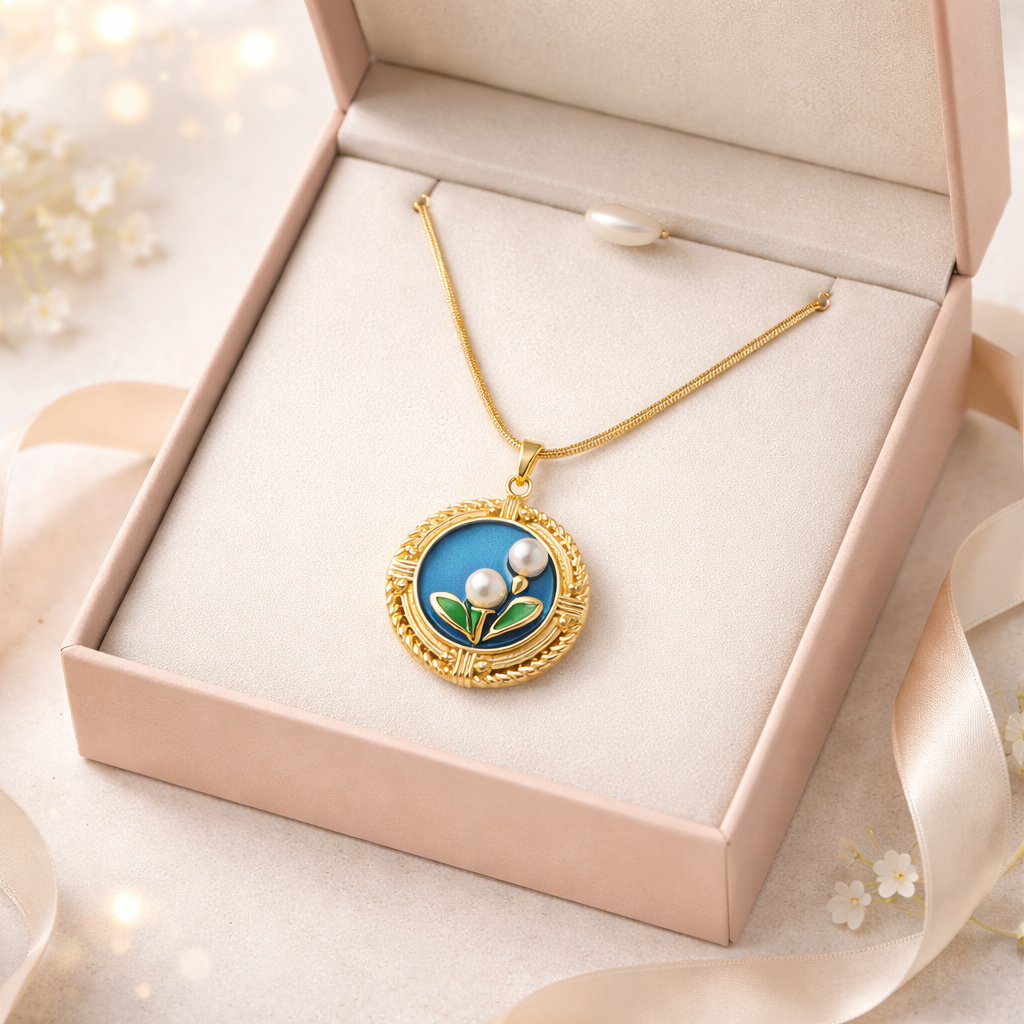 Gold necklace with a decorative pendant in an open box on a soft surface.