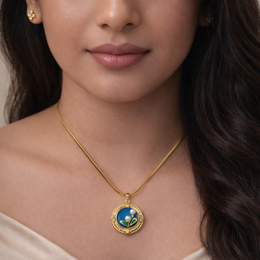 Close-up of a woman wearing a gold necklace with a blue pendant.