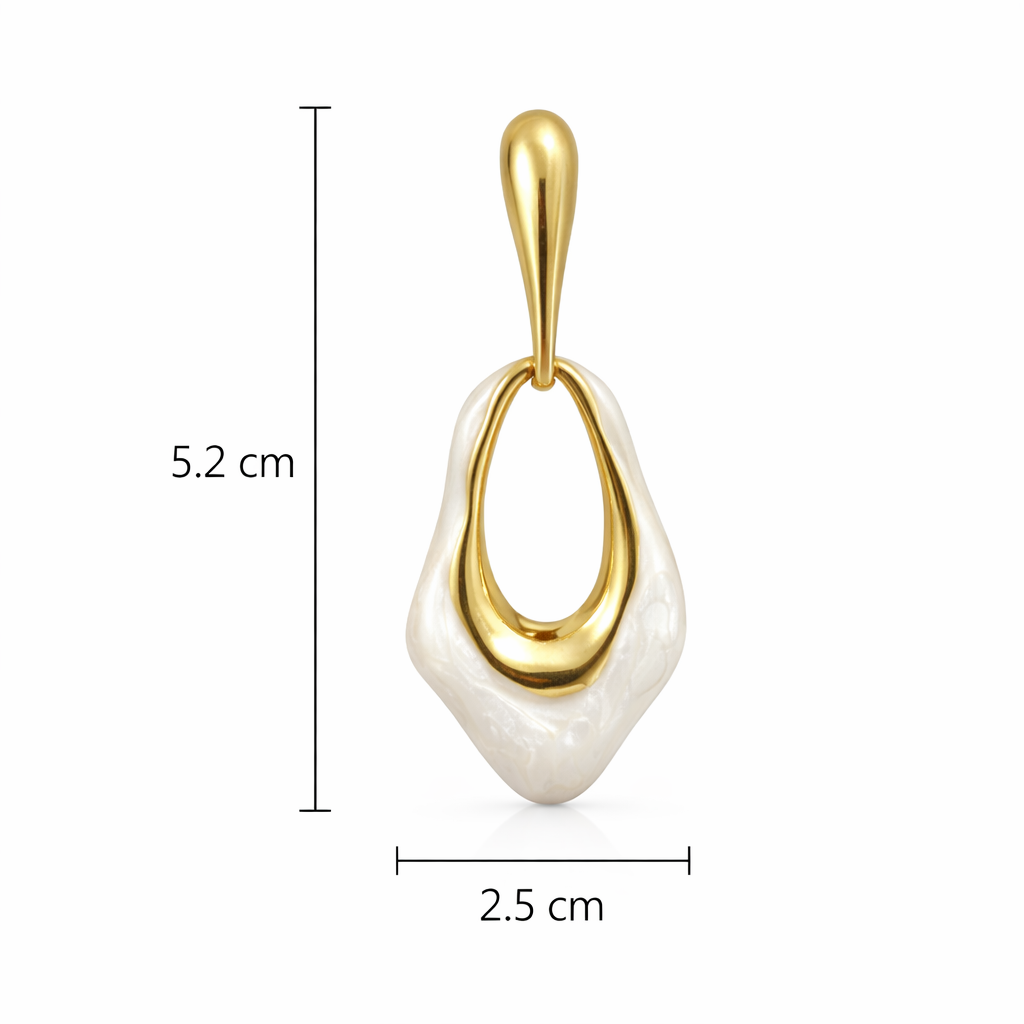 Gold and white pendant with dimensions on a white background