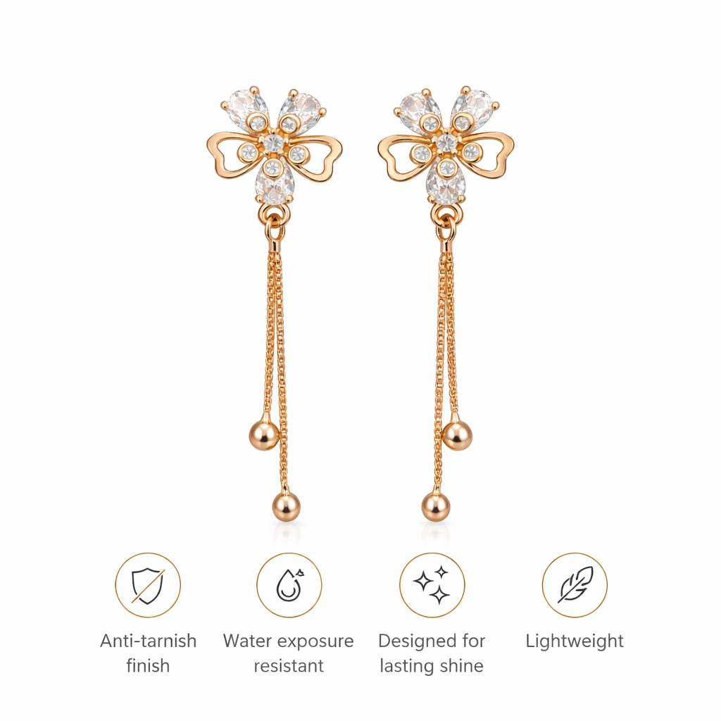 Feature icons showing anti tarnish coating, lightweight feel, and long lasting shine of earrings